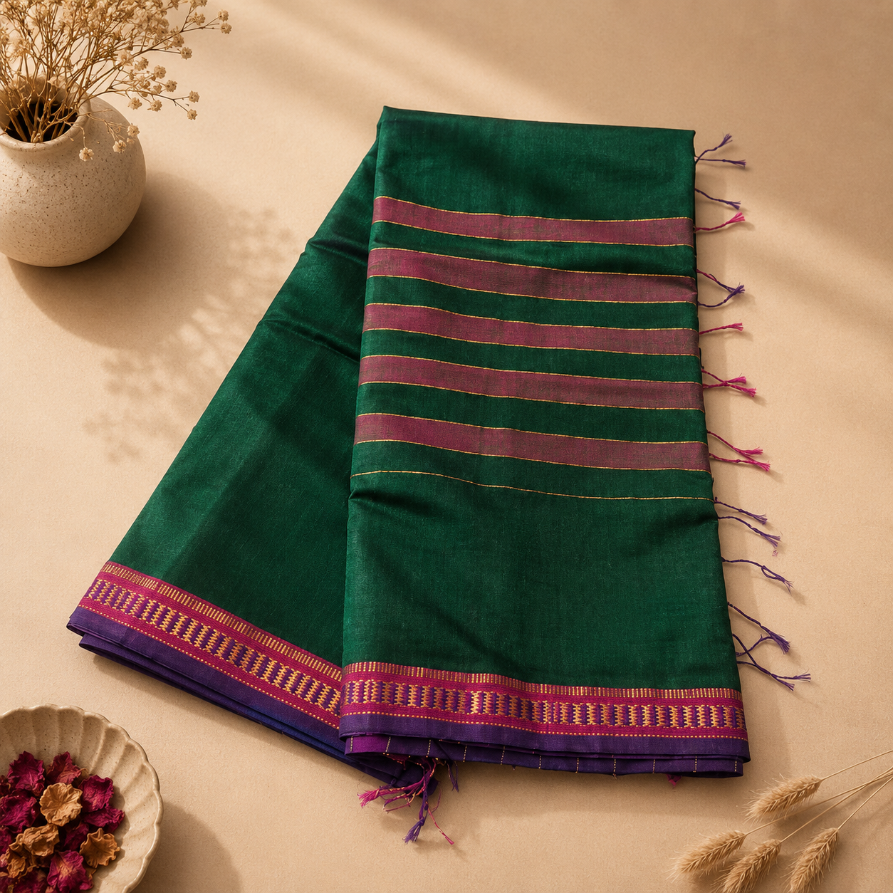 Green Handloom Cotton Silk Maheshwari Saree
