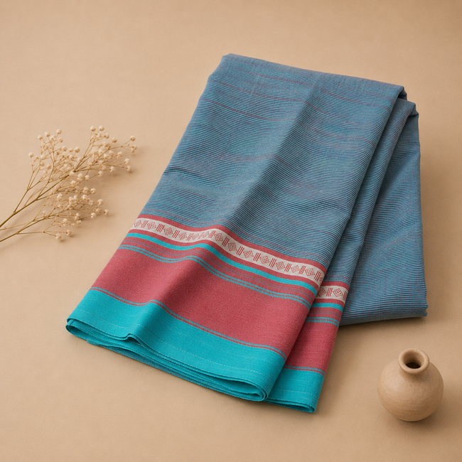 Red Blue Anne Hejje Traditional Cotton Handloom Saree