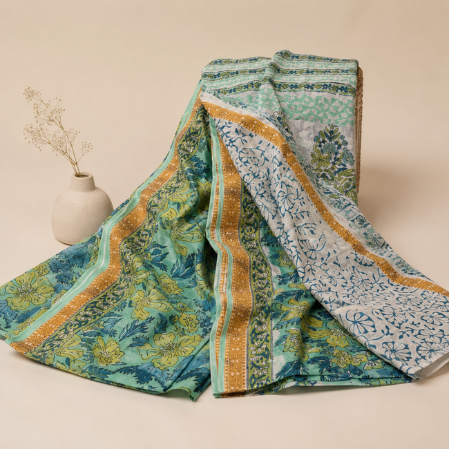 Green Hand Print Silk Cotton Handloom Saree with Jari Border