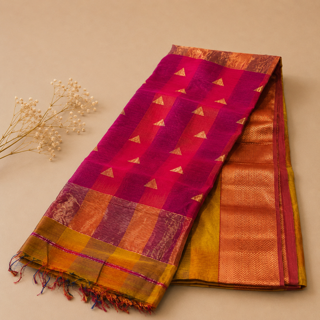 Mustard Yellow Handloom Ikat Pattern Cotton Silk Maheshwari Saree with Buta Motifs