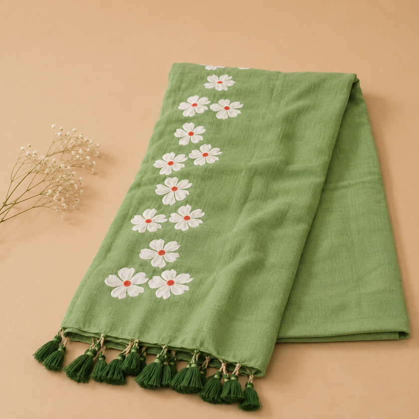 Small Daisy Flower Border Hand Painted Mul Cotton Saree - Without Blouse