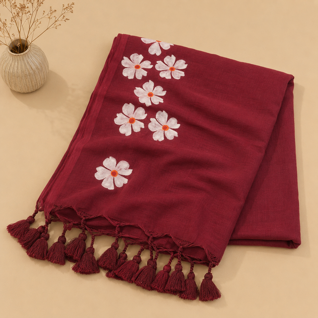 Small Daisy Flower Border Hand Painted Mul Cotton Saree - Without Blouse
