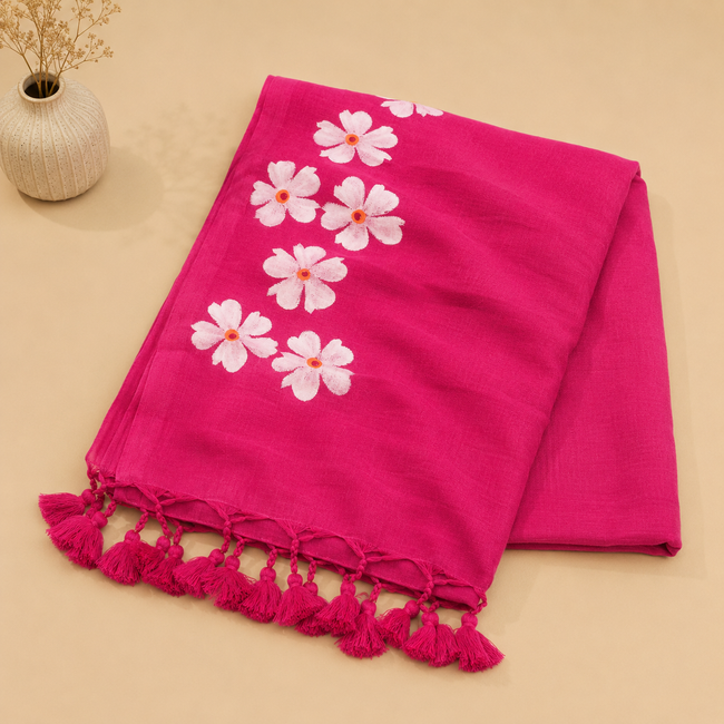 Small Daisy Flower Border Hand Painted Mul Cotton Saree - Without Blouse