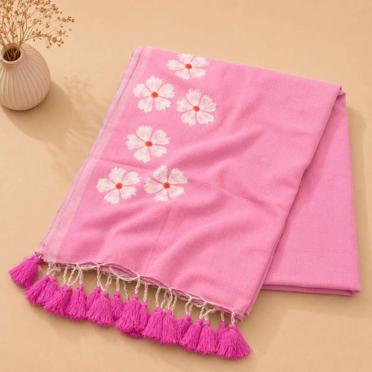 Small Daisy Flower Border Hand Painted Mul Cotton Saree - Without Blouse