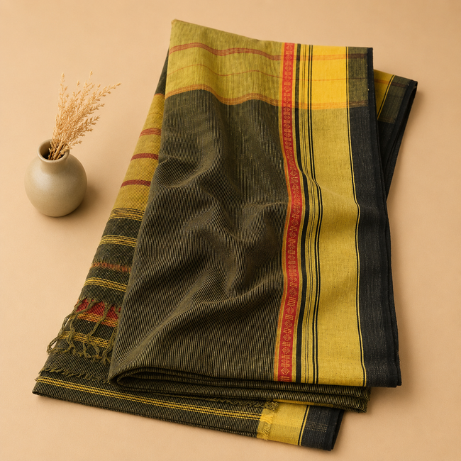 Yellow Pure Cotton 10th Century Handloom Saree