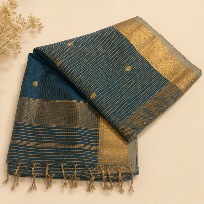 Blue Maheshwari Handloom Cotton Silk Saree with Stripes & Gold Buta