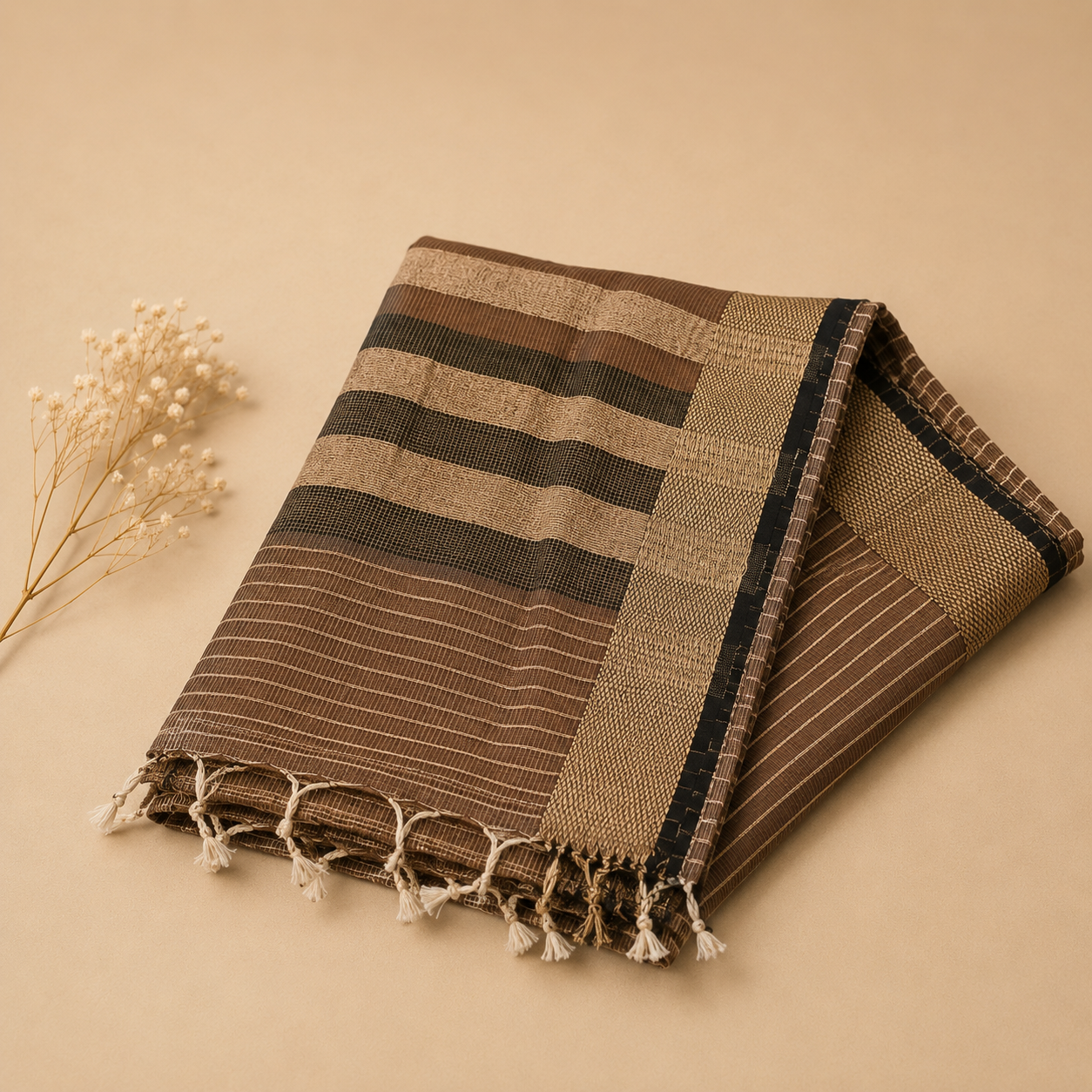 Brown Maheshwari Handloom Cotton Silk Saree with Stripes