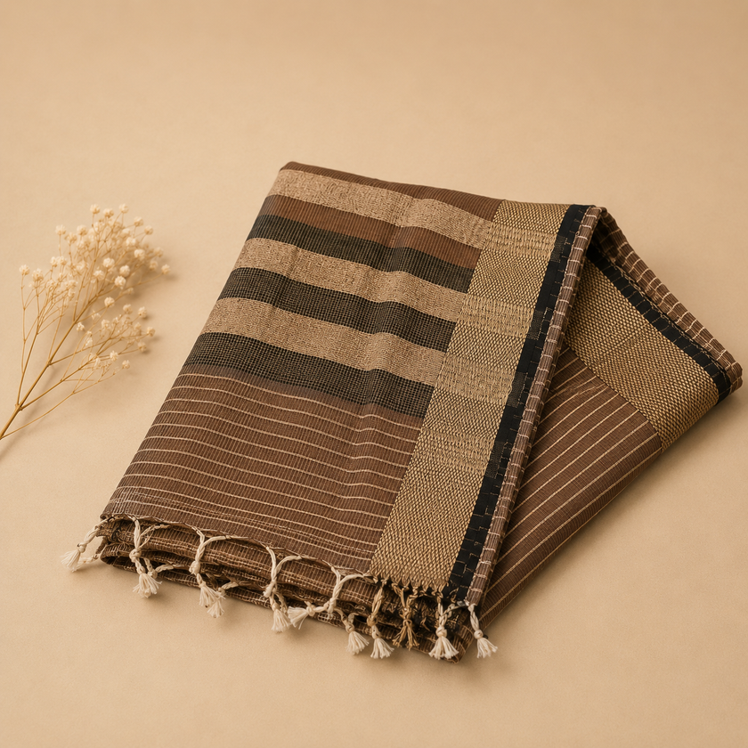 Brown Maheshwari Handloom Cotton Silk Saree with Stripes