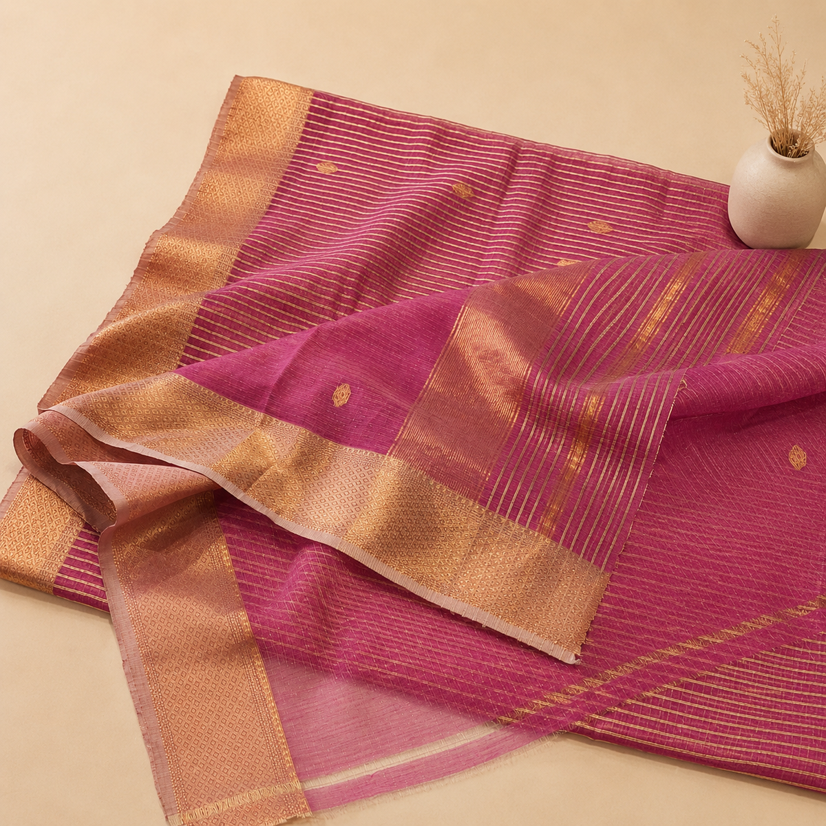 Pink Maheshwari Cotton Silk Handloom Saree with Stripes & Gold Buta