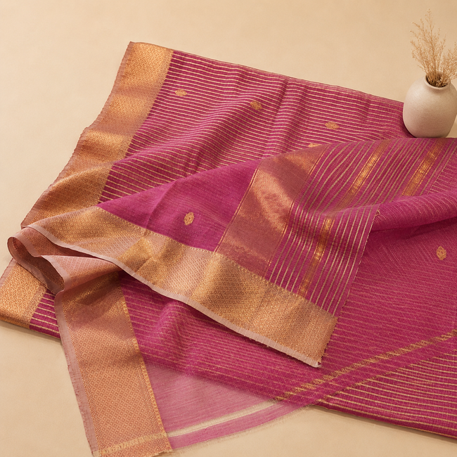 Pink Maheshwari Cotton Silk Handloom Saree with Stripes & Gold Buta