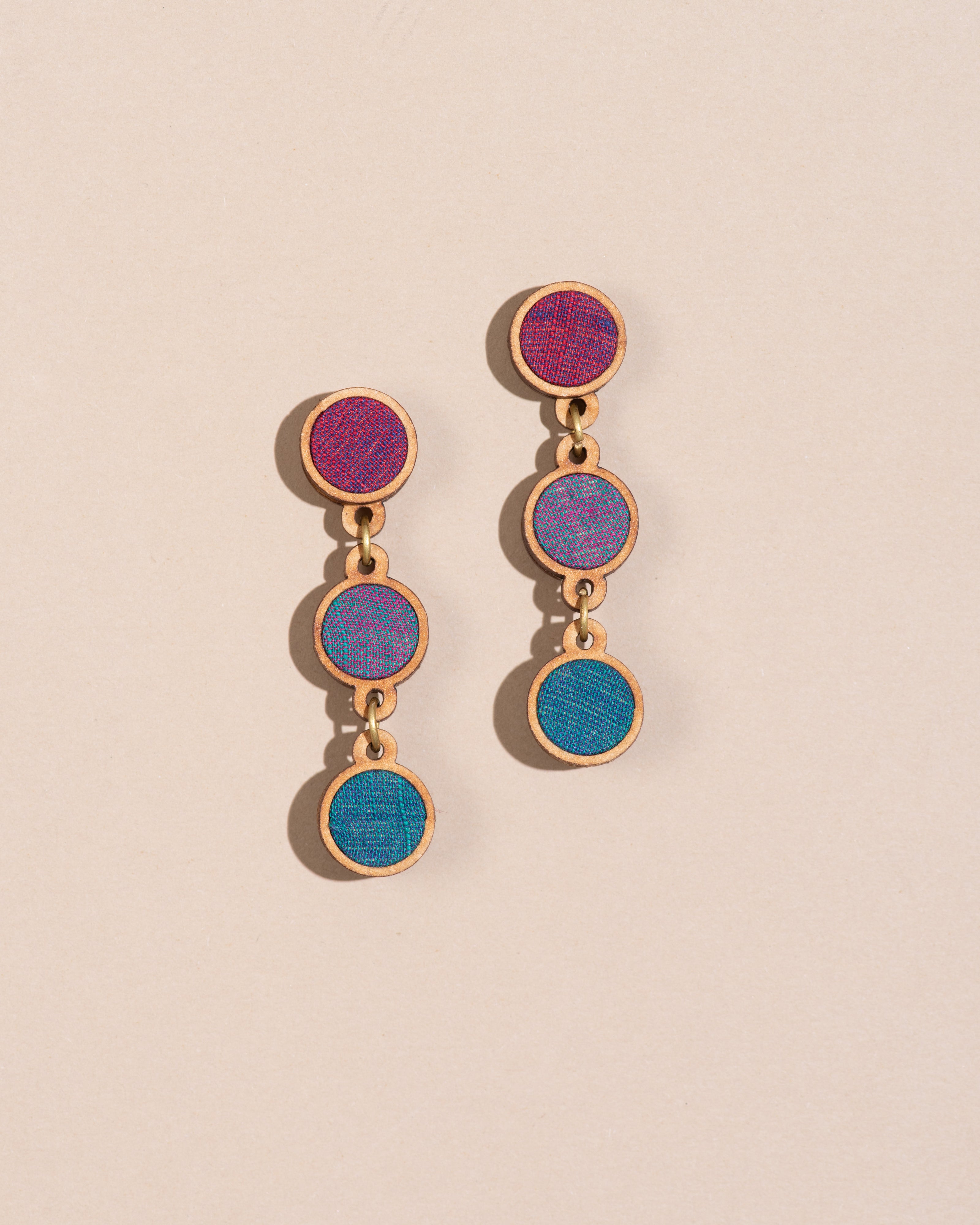 WHE Purple Blue Repurposed Fabric and Wood Round Earring