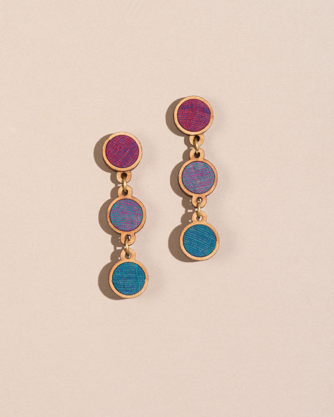 WHE Purple Blue Repurposed Fabric and Wood Round Earring
