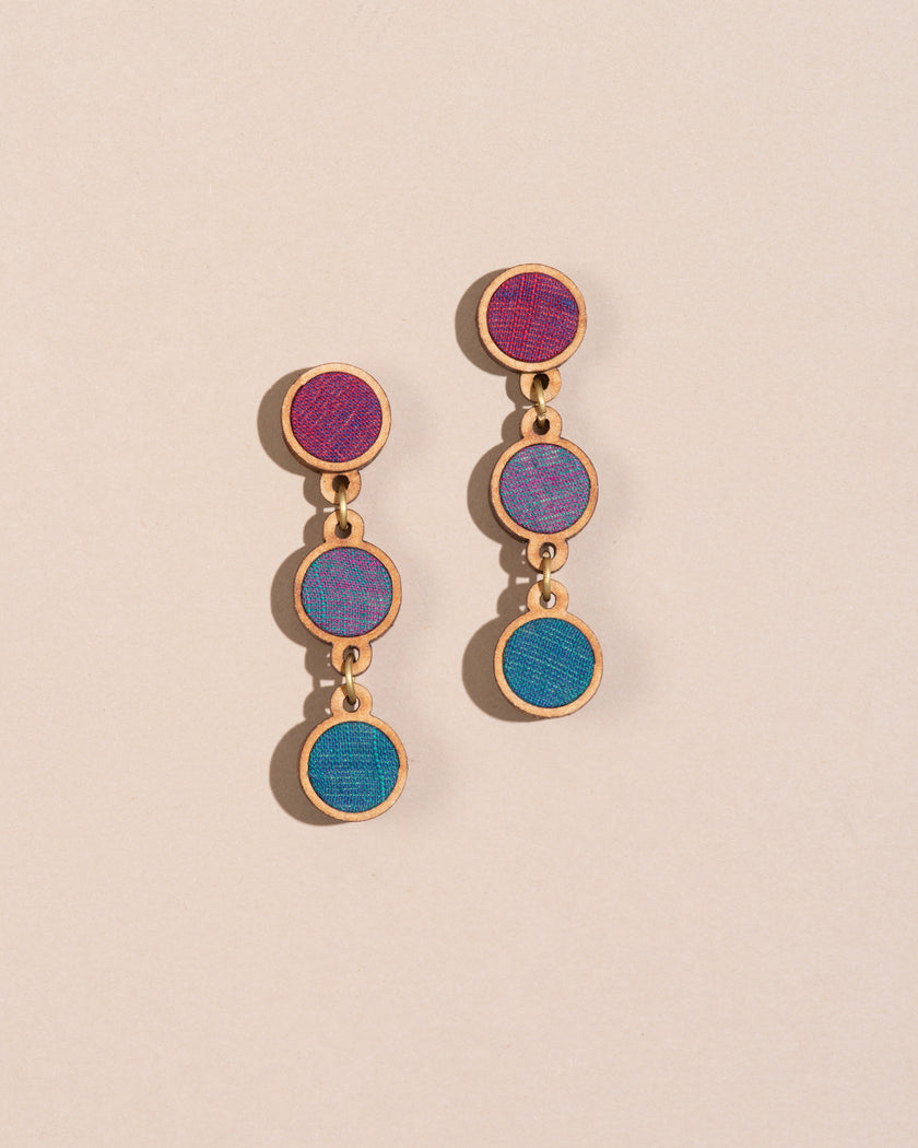 WHE Purple Blue Repurposed Fabric and Wood Round Earring