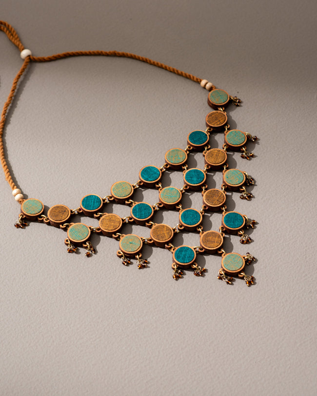 WHE Shades of Green Repurposed Fabric and Wood Adjustable Statement Necklace
