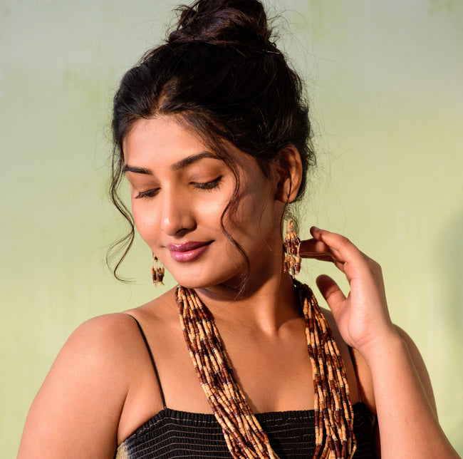 WHE Multilayer Jute, Wooden Beads Earrings