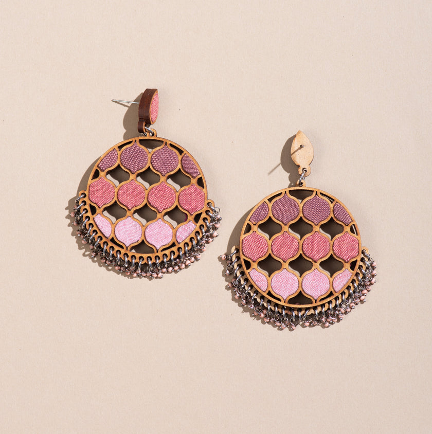 WHE Shades of Pink Repurposed Fabric and Wood Statement Earrings