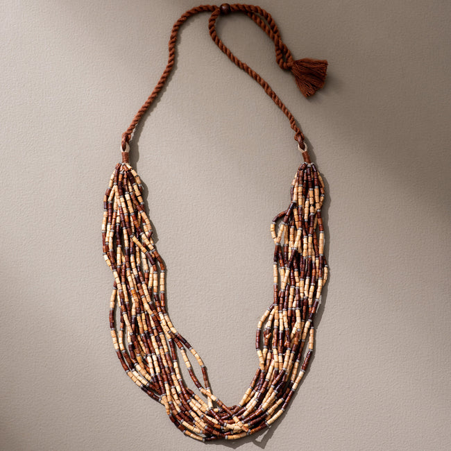 WHE Handmade Multilayer Adjustable Jute, Wooden Beads and Metal Beads Statement Necklace