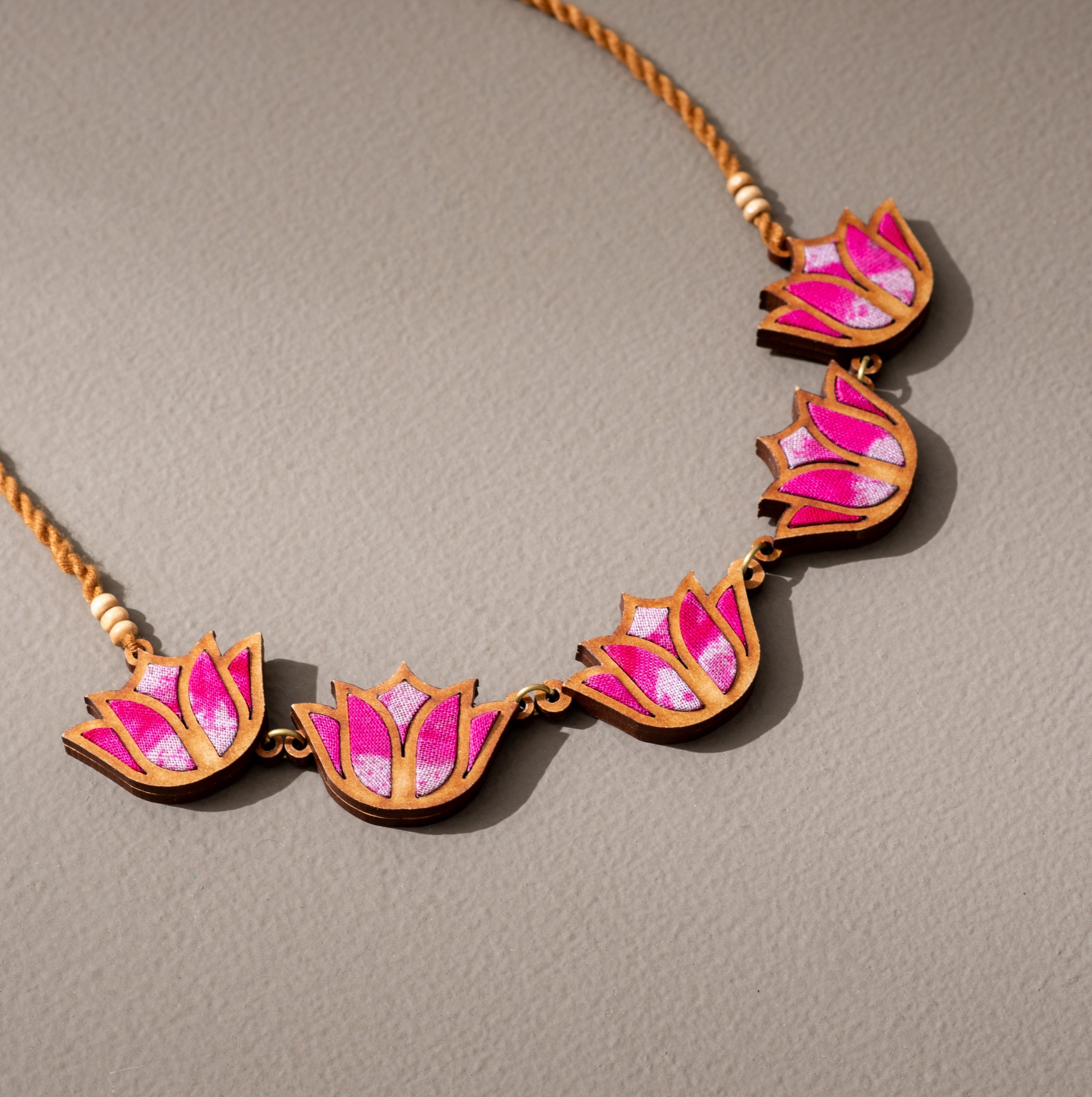 Whe Shades of Pink Bloom Lotus Repurposed Fabric and Wood Necklace
