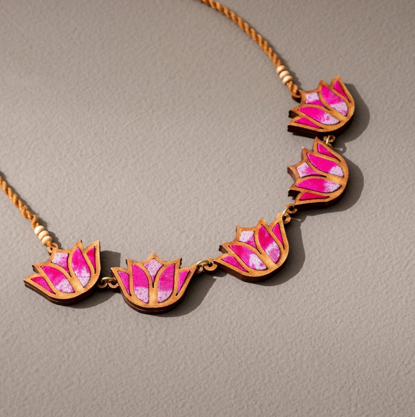 Whe Shades of Pink Bloom Lotus Repurposed Fabric and Wood Necklace