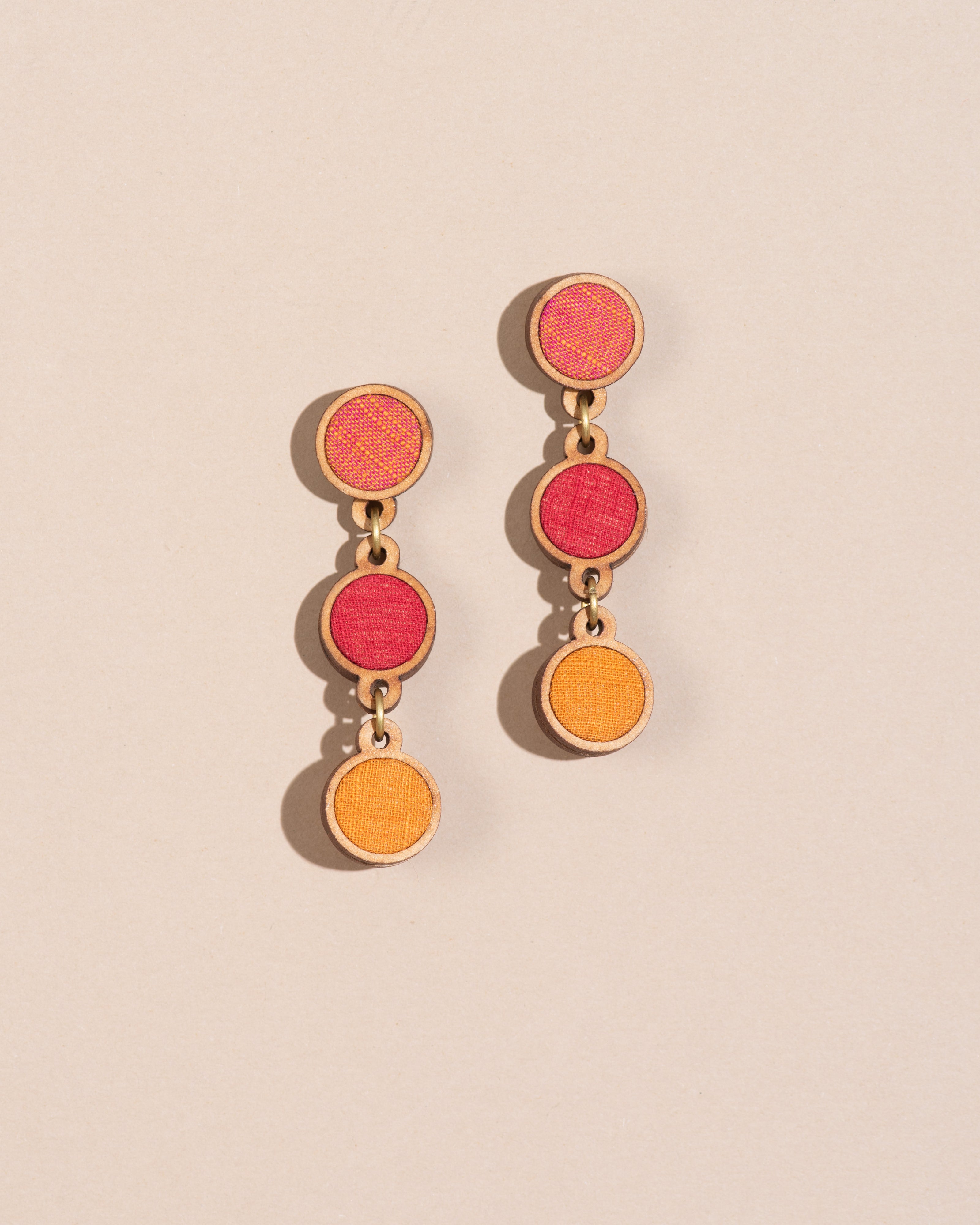 WHE Red Orange Festive Repurposed Fabric and Wood Round Earring