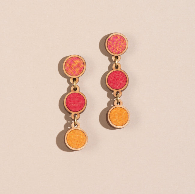 WHE Red Orange Festive Repurposed Fabric and Wood Round Earring