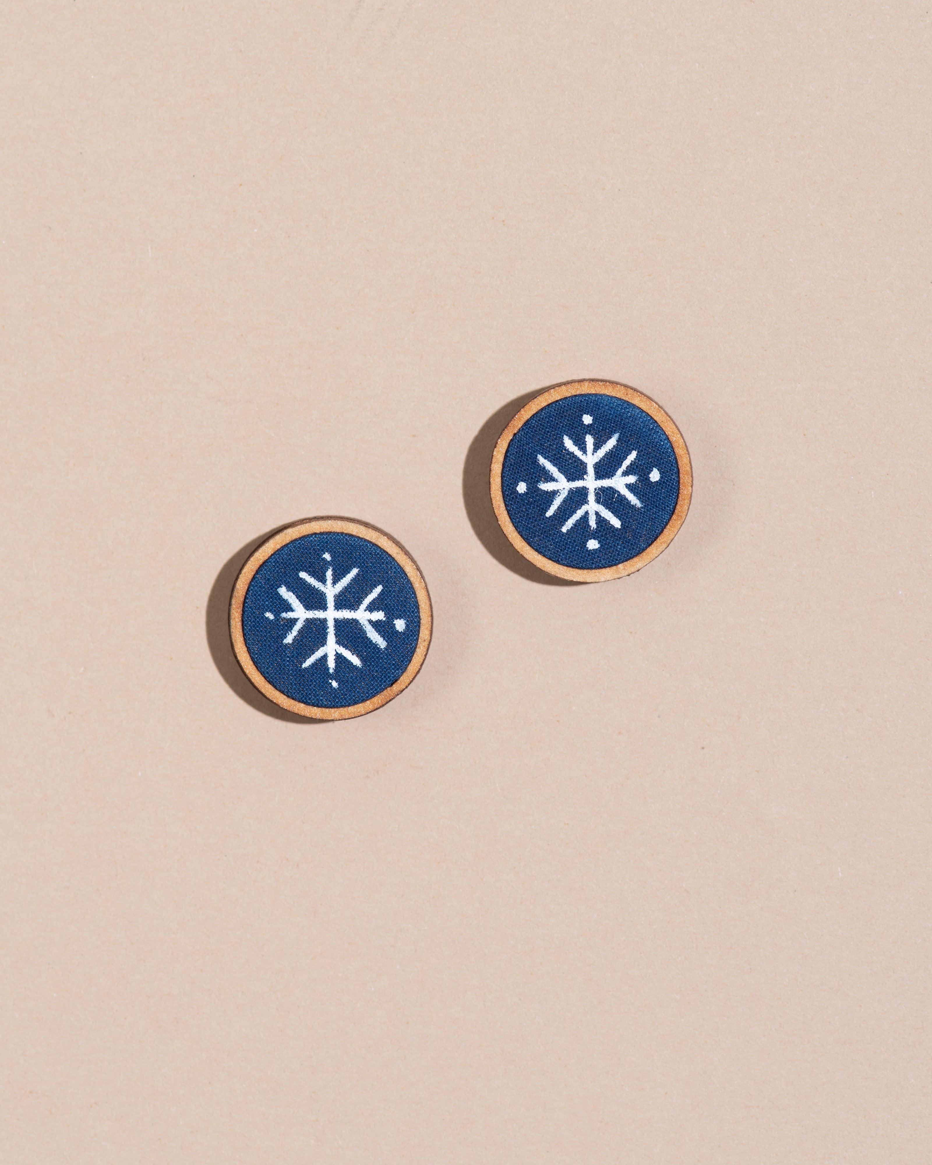 WHE Hand Painted Blue and White Repurposed Fabric Wooden Stud Earrings