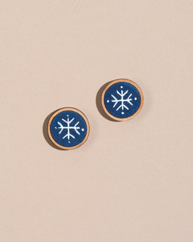 WHE Hand Painted Blue and White Repurposed Fabric Wooden Stud Earrings