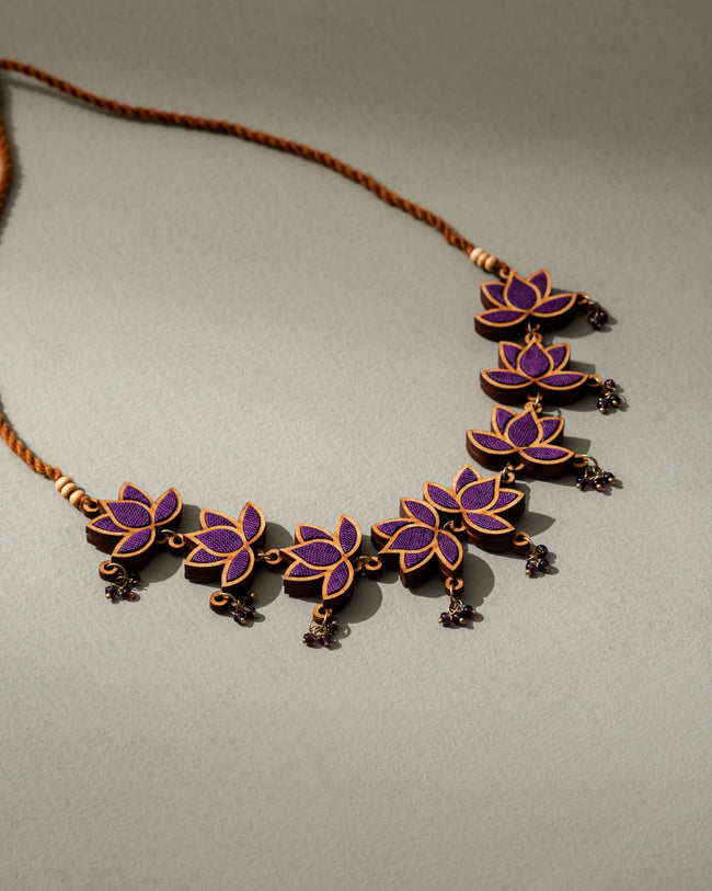 WHE Purple Lotus Repurposed Fabric and Wood Statement Choker
