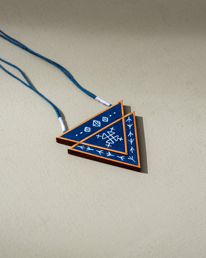 WHE Hand Painted Blue Repurposed Fabric and Wood Triangular Necklace