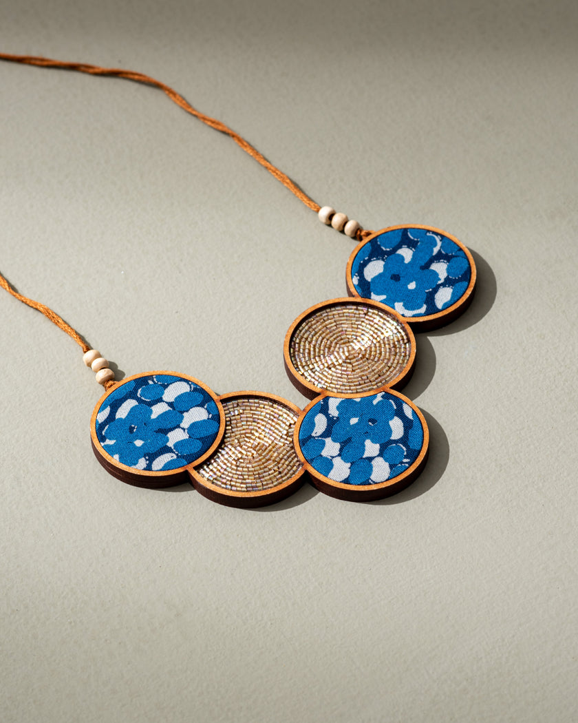 WHE Blue Connected Circle Repurposed Fabric and Wood Necklace