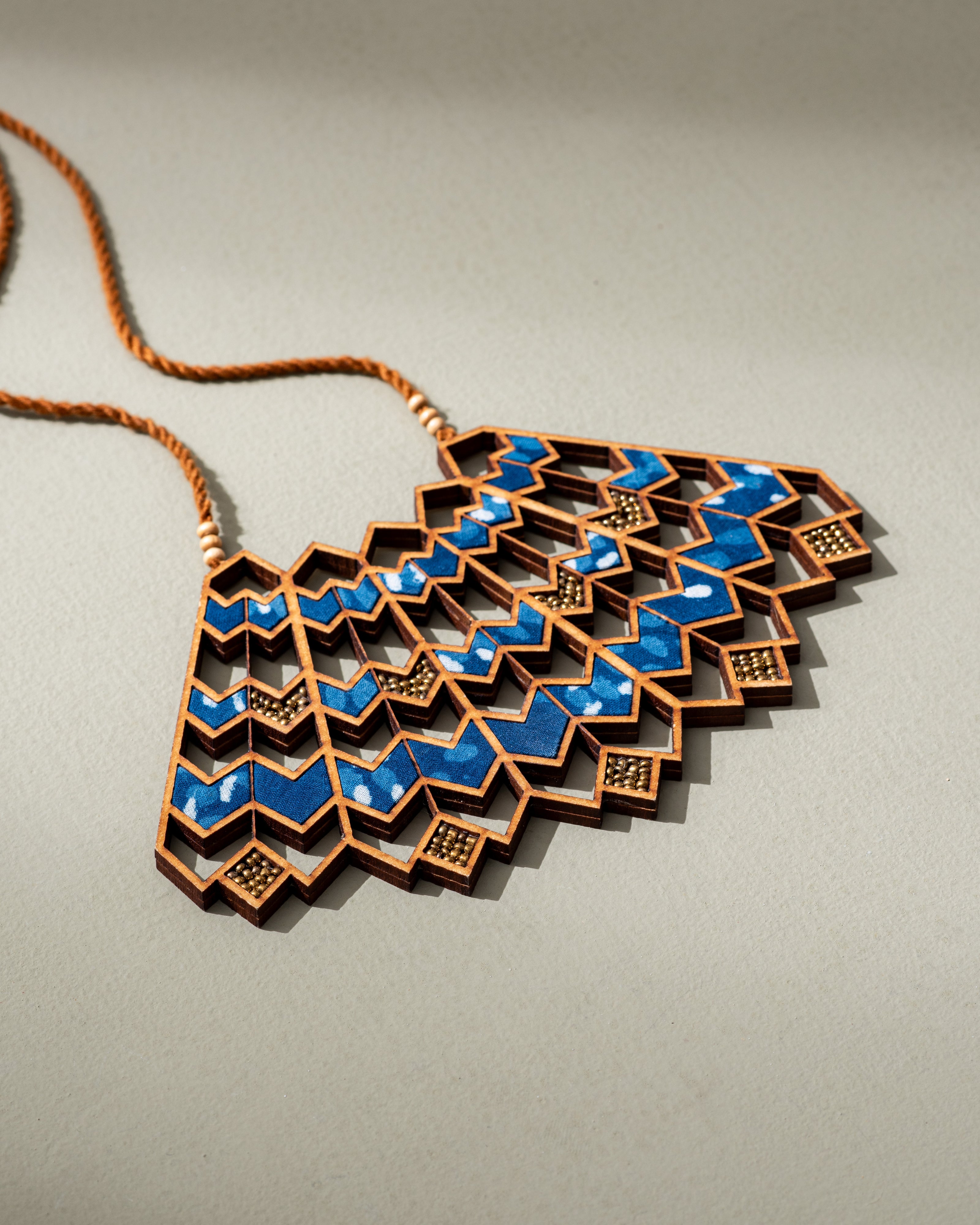 Blue Wave Pattern Kalamkari Repurposed Fabric and Wood Necklace