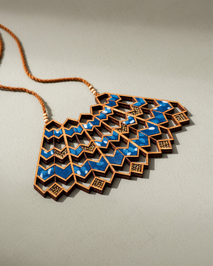 Blue Wave Pattern Kalamkari Repurposed Fabric and Wood Necklace