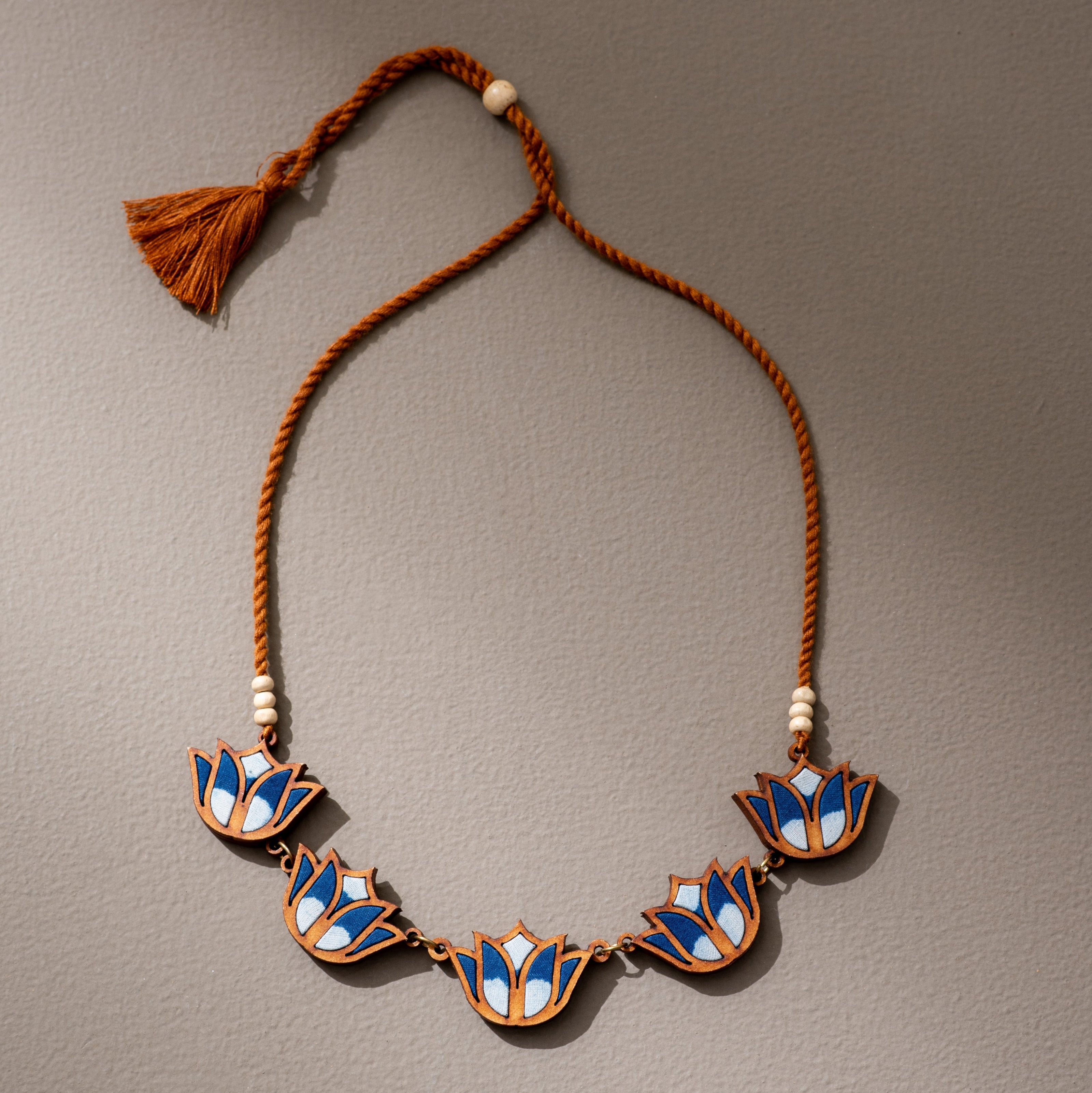 WHE Indigo Bloom Lotus Repurposed Fabric and Wood Necklace