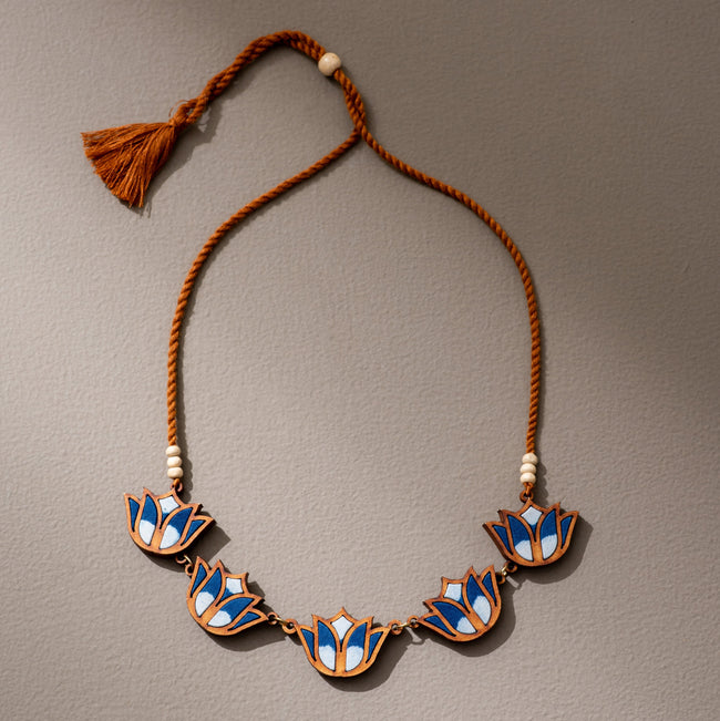 WHE Indigo Bloom Lotus Repurposed Fabric and Wood Necklace