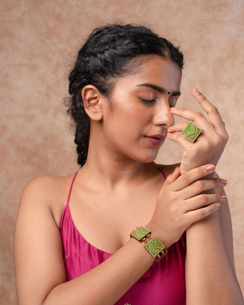 WHE Hand Embroidered Green Repurposed Silk Fabric and Wood Bracelet