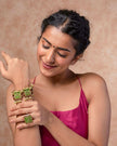 WHE Kantha Green Repurposed Silk Fabric and Wood Bracelet With Beads