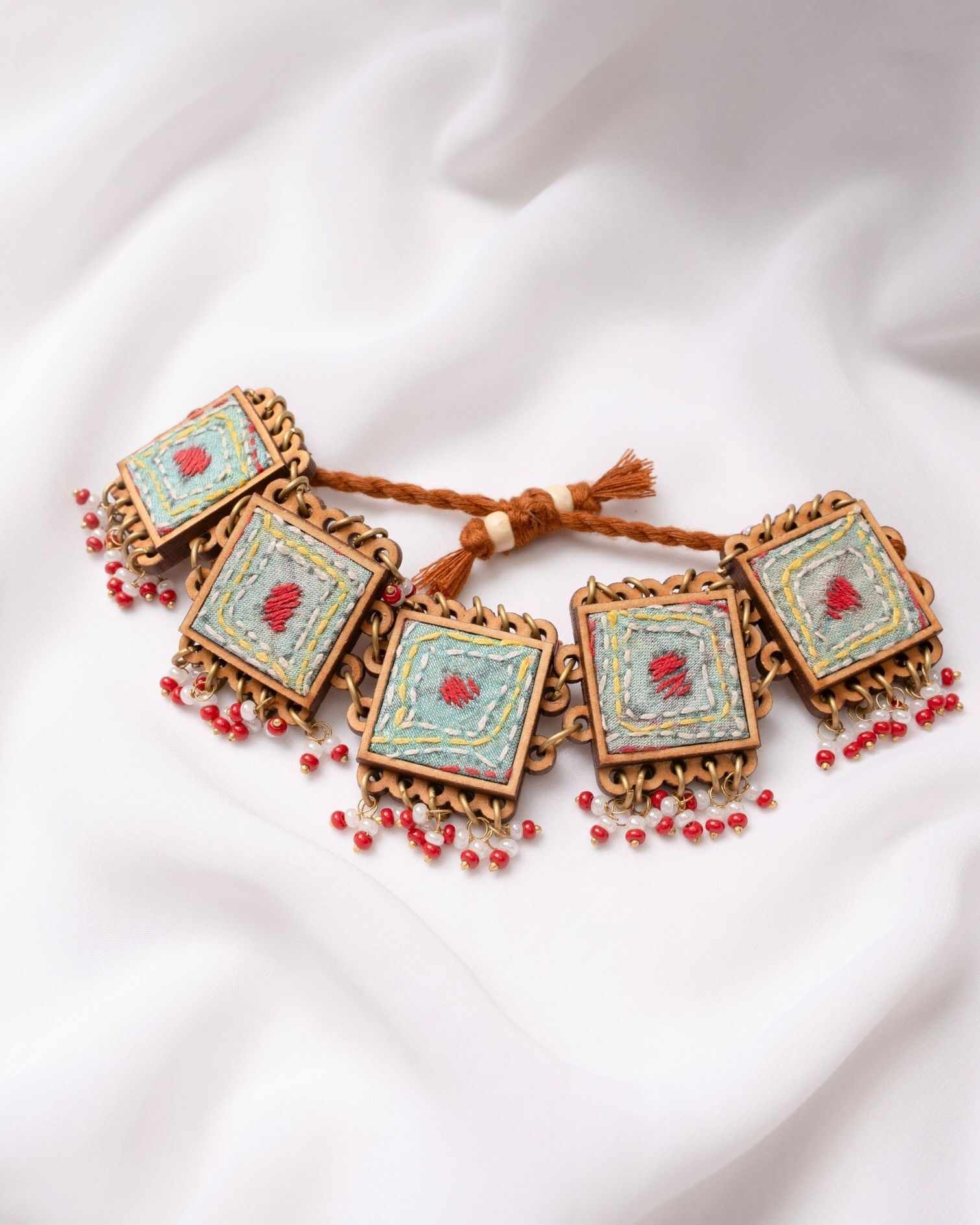 WHE Kantha Columbia Blue Repurposed Silk Fabric and Wood Beads Bracelet