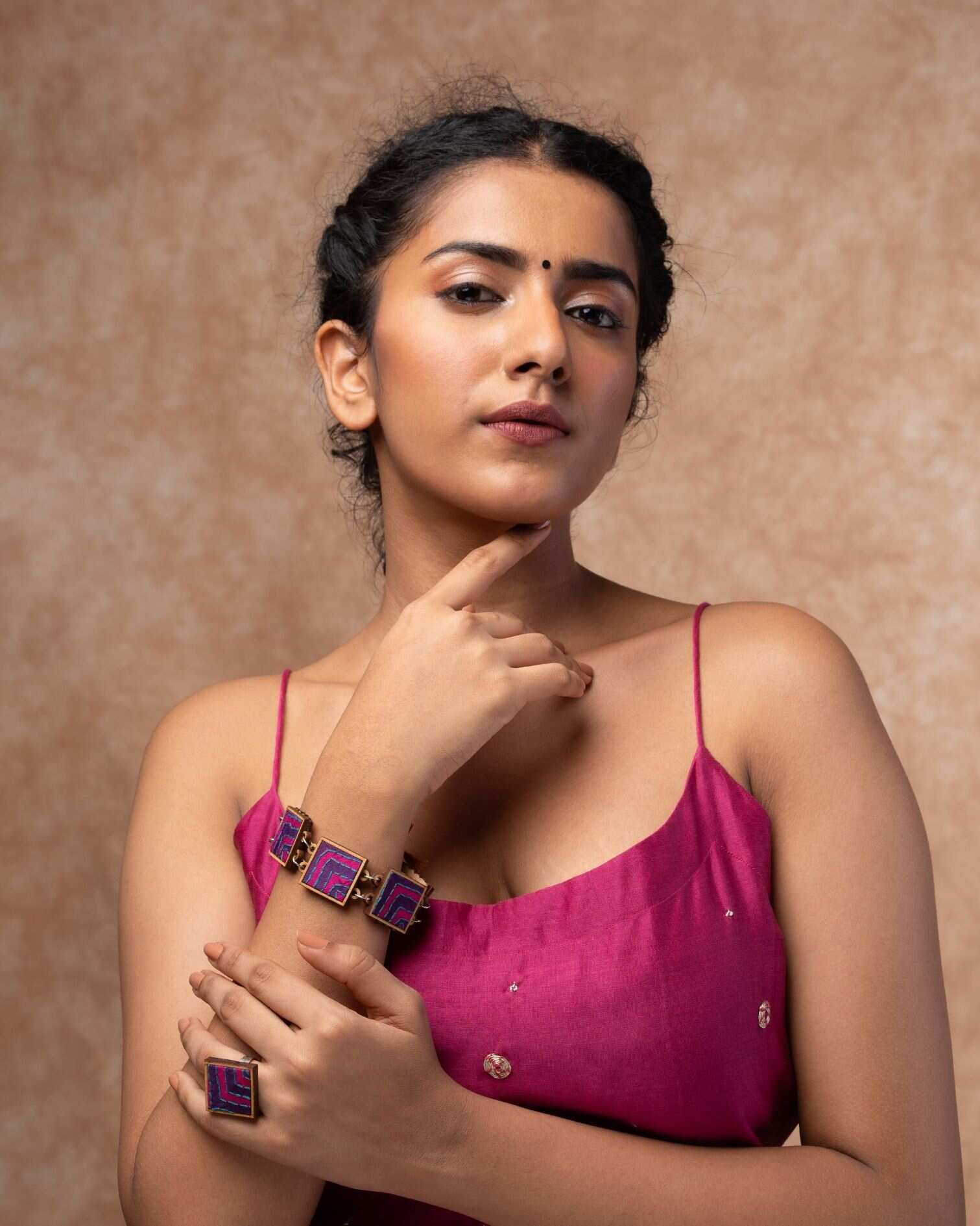 WHE Pink Purple Kantha Repurposed Silk Fabric and Wood Bracelet