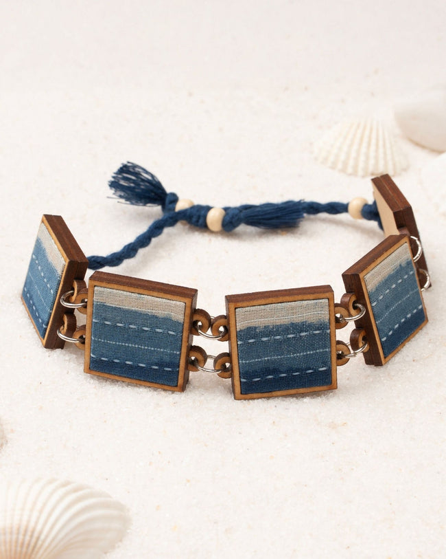 WHE Shades of Indigo Blue Repurposed Fabric and Wood Square Bracelet