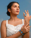 WHE Shades of Indigo Blue Repurposed Fabric and Wood Square Bracelet
