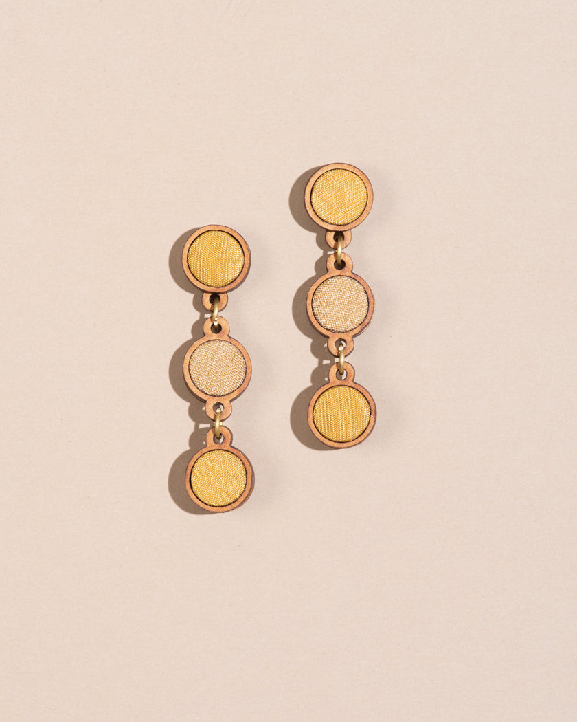 WHE Yellow Festive Repurposed Fabric and Wood Round Earring