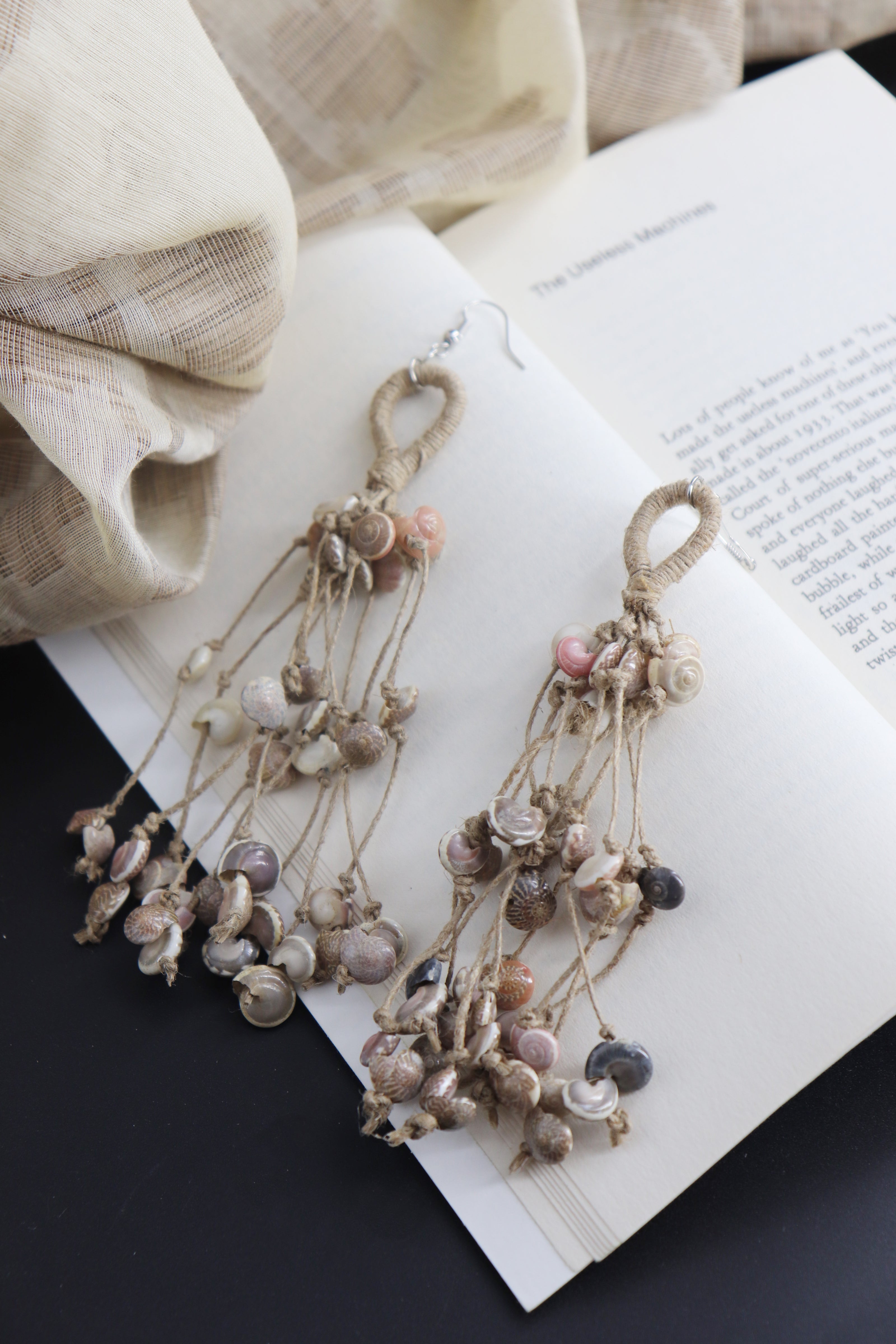 WHE Long Layered Jute Shell Tassel Earring