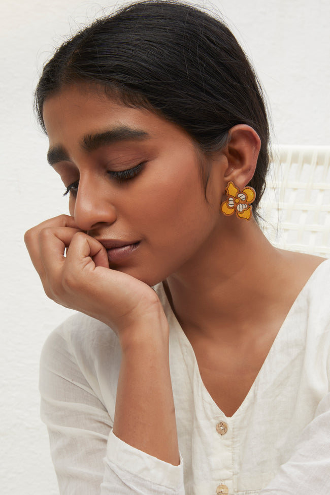 WHE Yellow Bloom Repurposed Fabric and Wood Flower Stud
