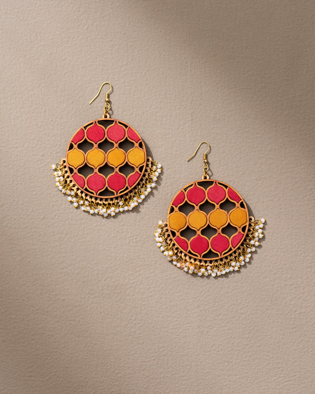 WHE Red Mustard Festive Repurposed Fabric and Wood Statement Danglers