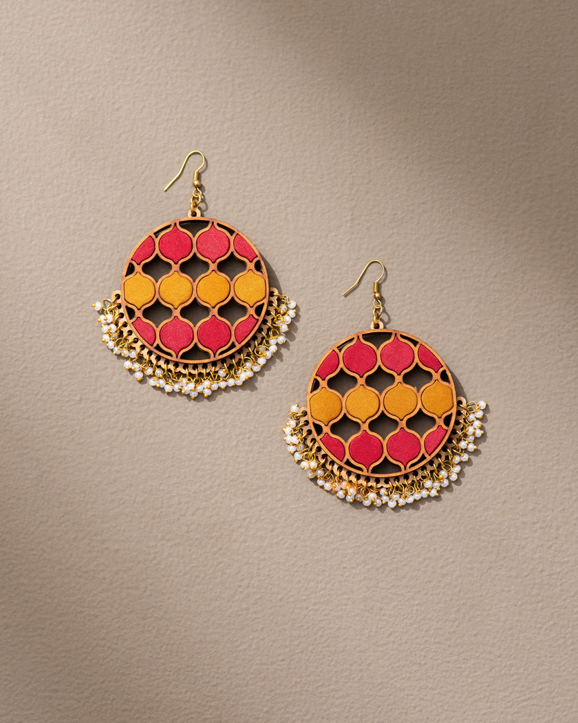 WHE Red Mustard Festive Repurposed Fabric and Wood Statement Danglers