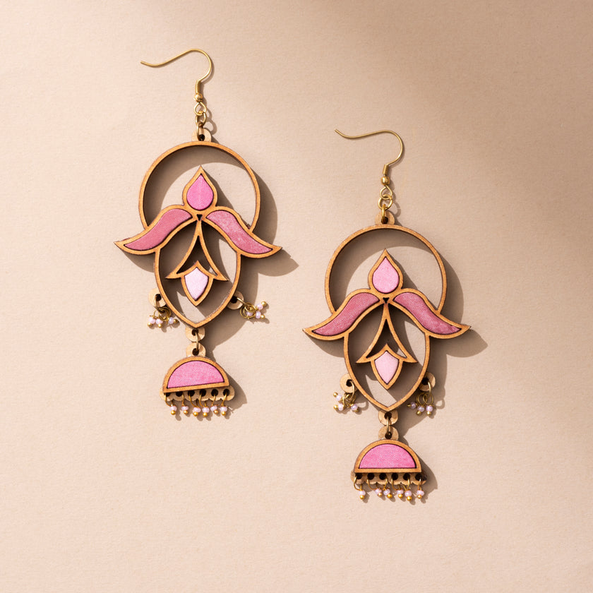 WHE Shades of Pink Festive Repurposed Fabric and Wood Elaborate Danglers