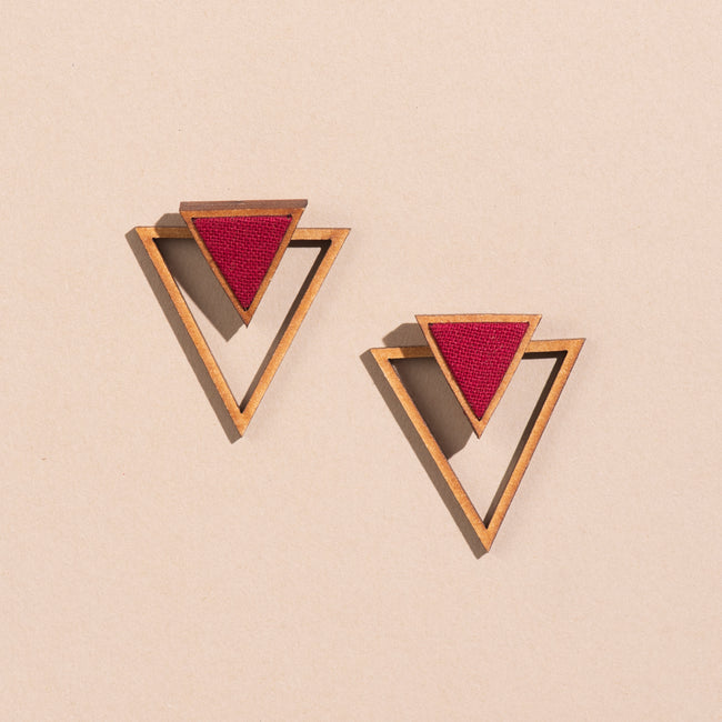WHE Maroon Two Look in One Repurposed Fabric and Wood Triangle Earring