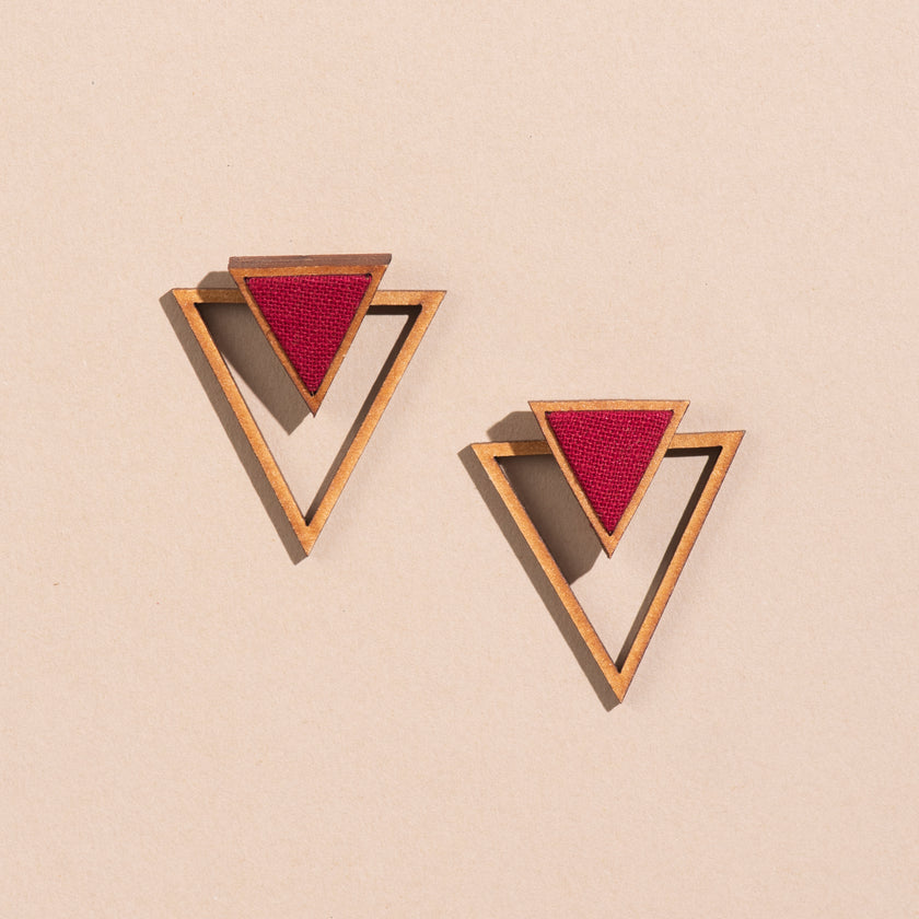 WHE Maroon Two Look in One Repurposed Fabric and Wood Triangle Earring