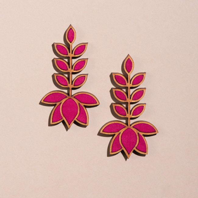 WHE Pink Lotus Repurposed Fabric and Wood Statement Earrings