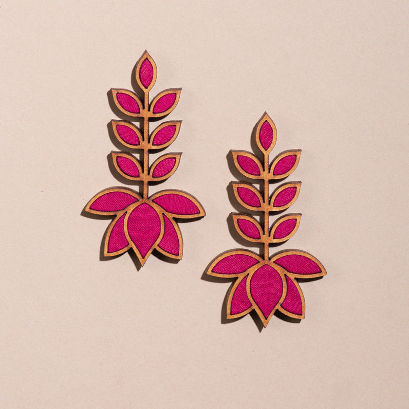 WHE Pink Lotus Repurposed Fabric and Wood Statement Earrings
